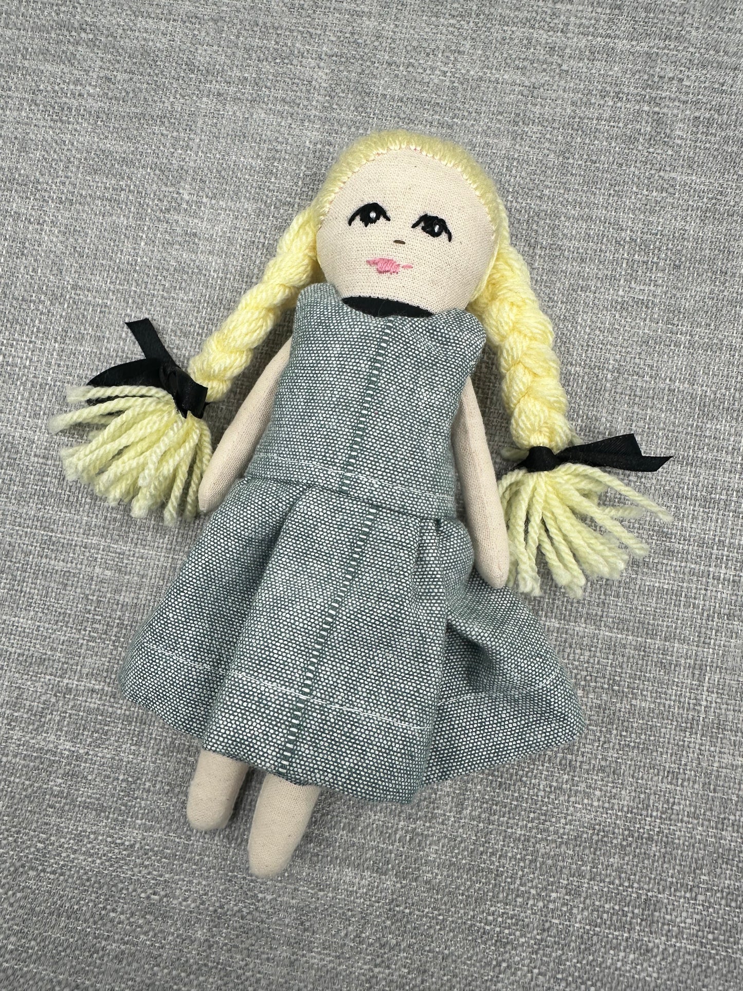Mini Handmade Art Doll with Blonde Wool Braids – Pocket Companion in Cotton & Linen