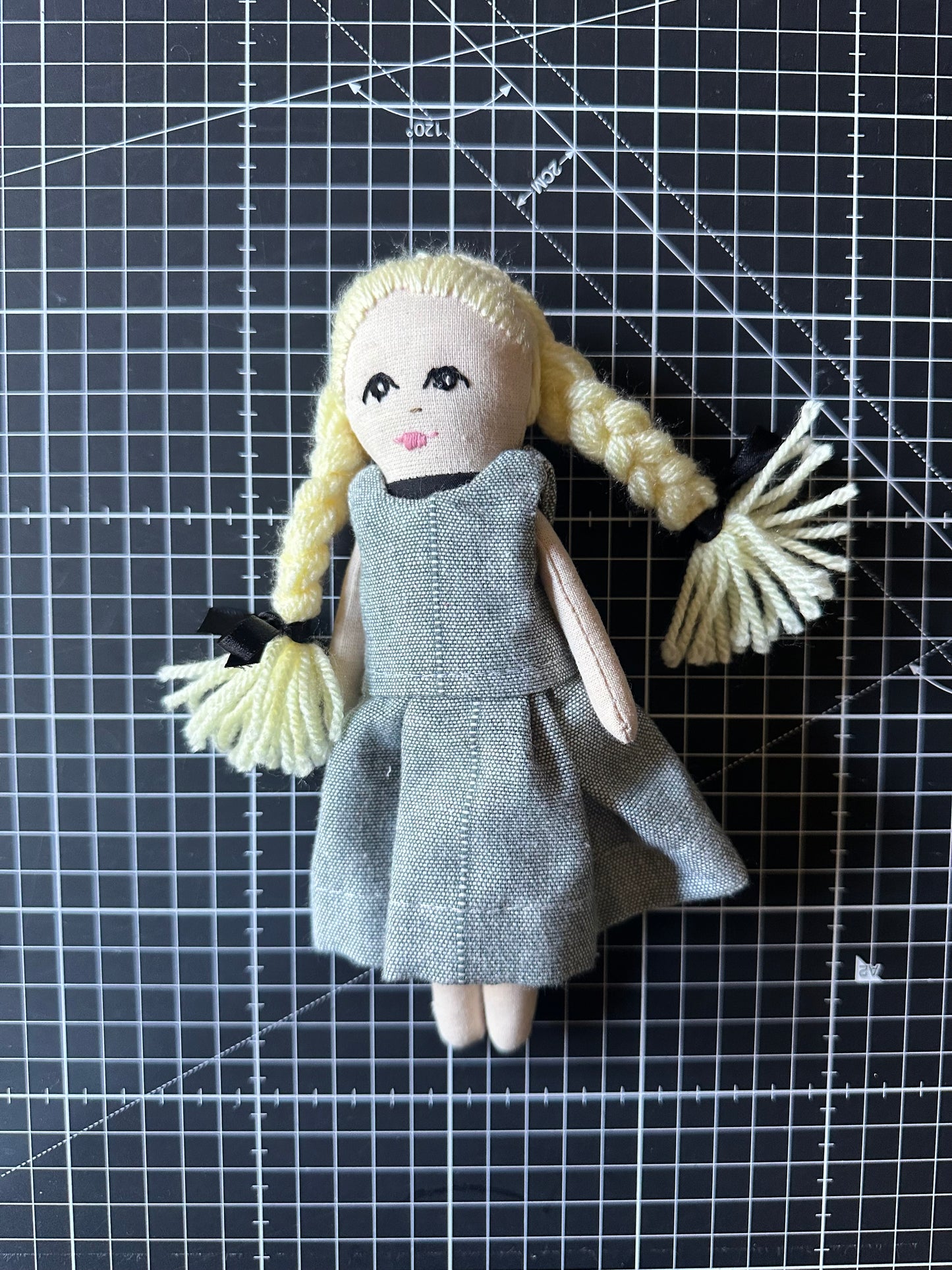 Mini Handmade Art Doll with Blonde Wool Braids – Pocket Companion in Cotton & Linen