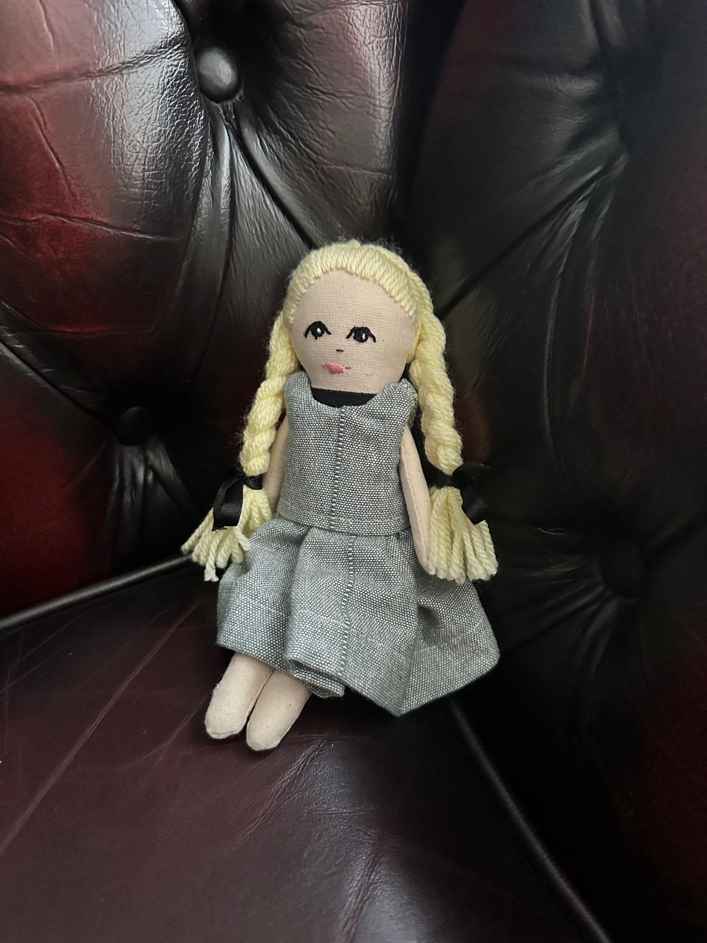 Mini Handmade Art Doll with Blonde Wool Braids – Pocket Companion in Cotton & Linen