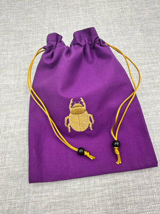 Purple Scarab Embroidered Drawstring Pouch – Tarot and Crystal Bag