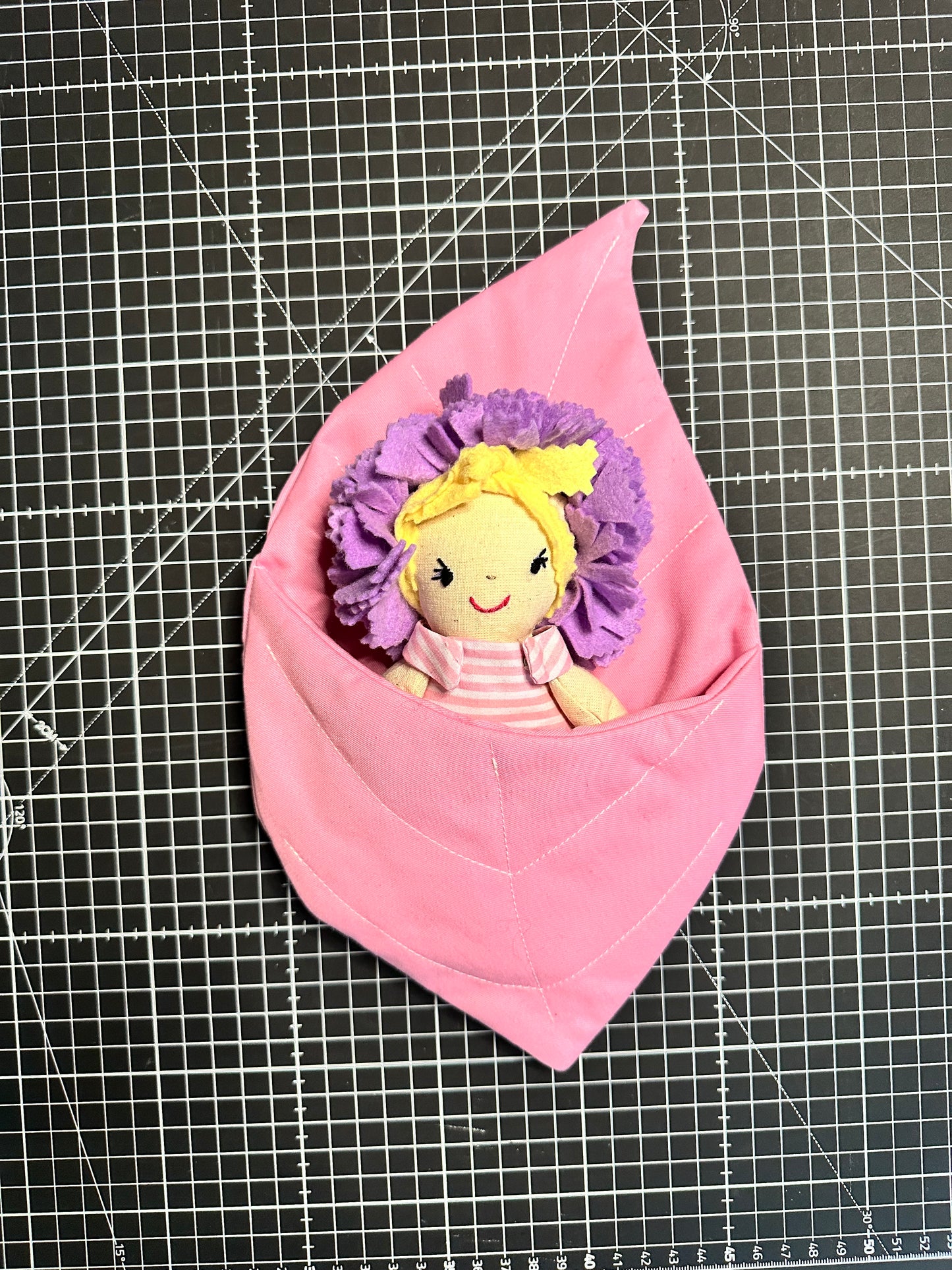 Handmade Flower Doll in Leaf Bed – Mini Cloth Art Doll