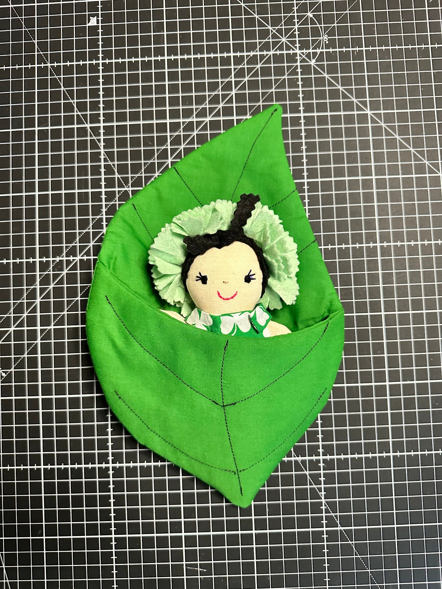 Irish- Themed Flower Doll in Leaf Bed – Shamrock Dress Mini Art Doll