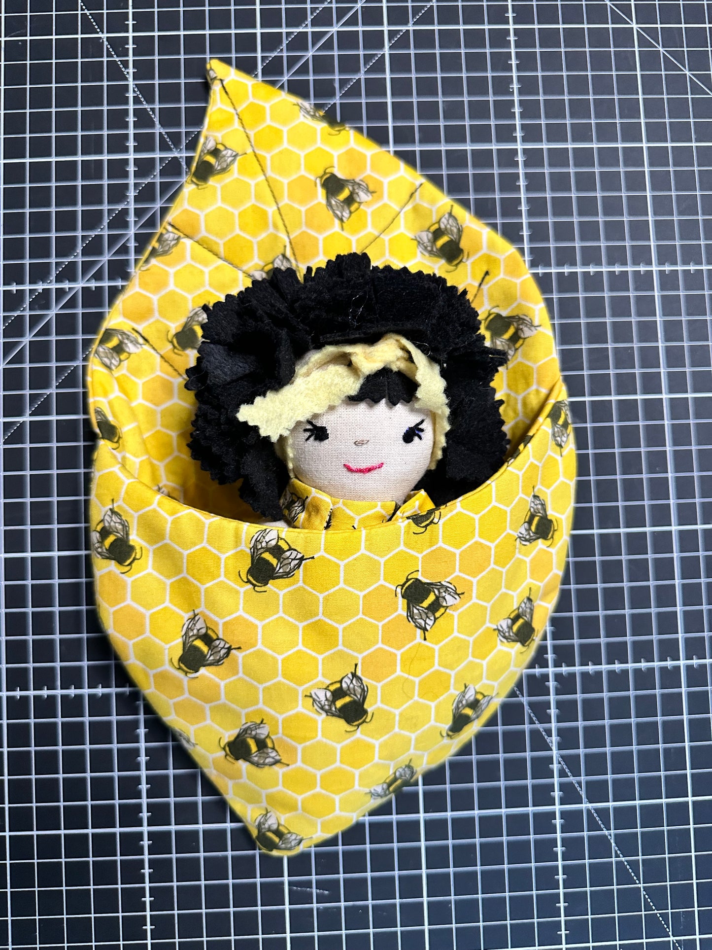 Handmade Bee Flower Doll in Leaf Bed – Mini Art Doll – One of a Kind