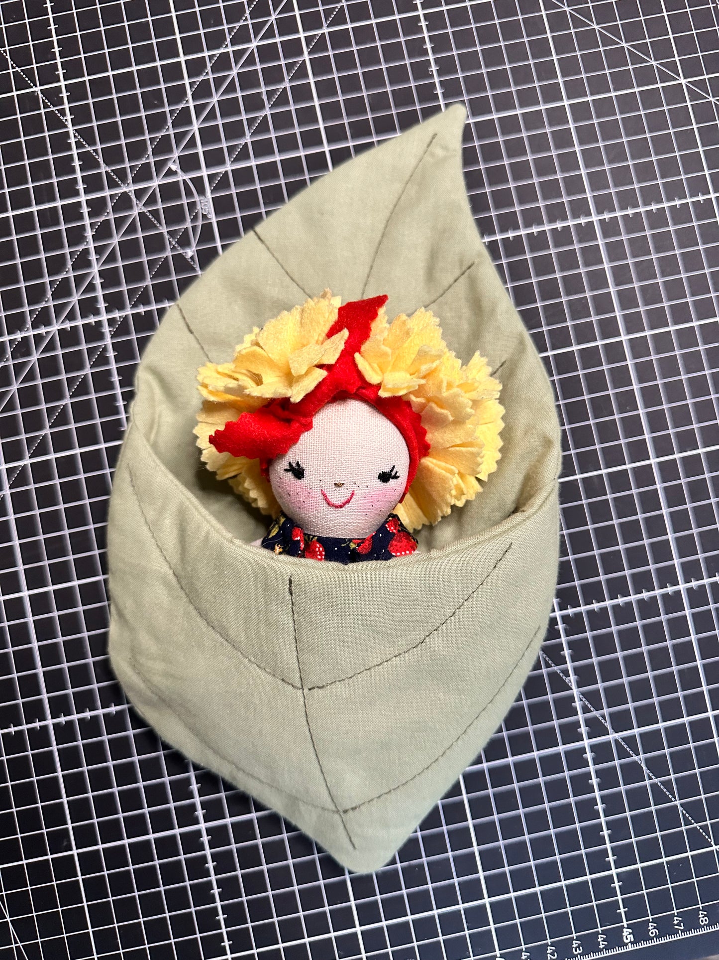 Handmade Flower Doll in Leaf Bed – Strawberry Dress Mini Art Doll