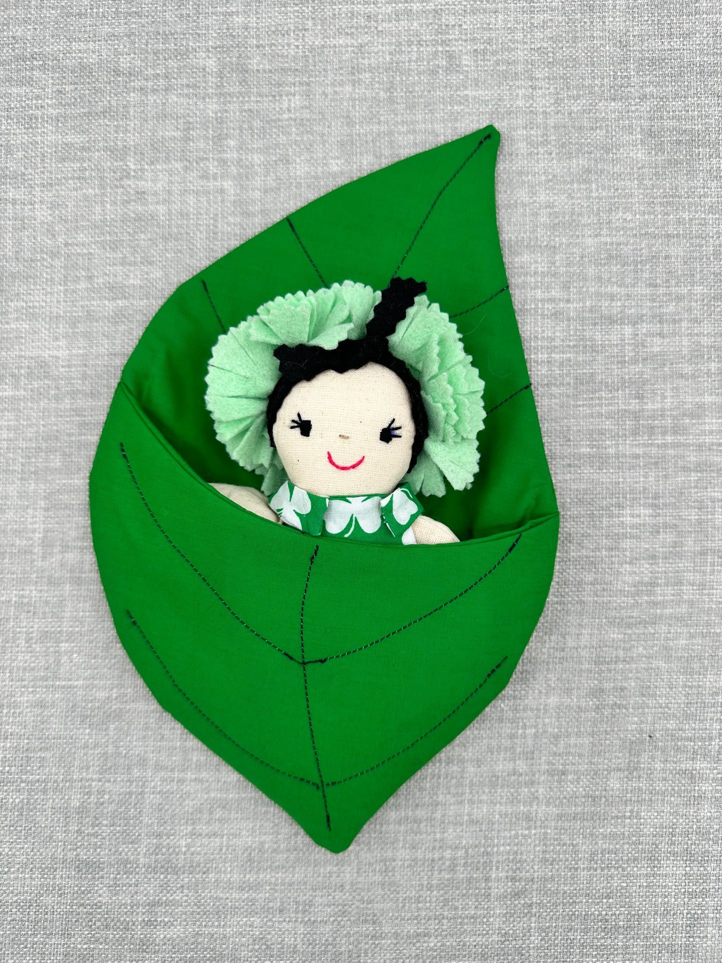 Irish- Themed Flower Doll in Leaf Bed – Shamrock Dress Mini Art Doll