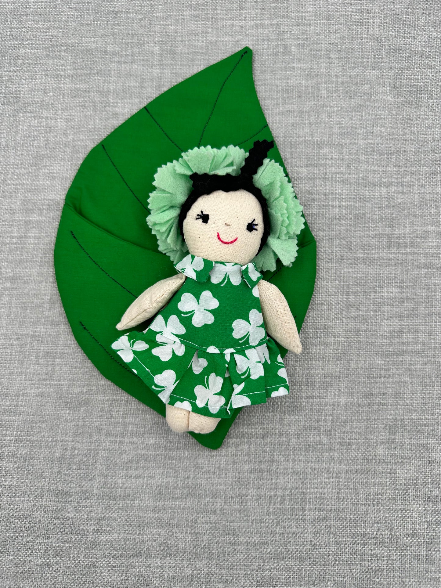 Irish- Themed Flower Doll in Leaf Bed – Shamrock Dress Mini Art Doll