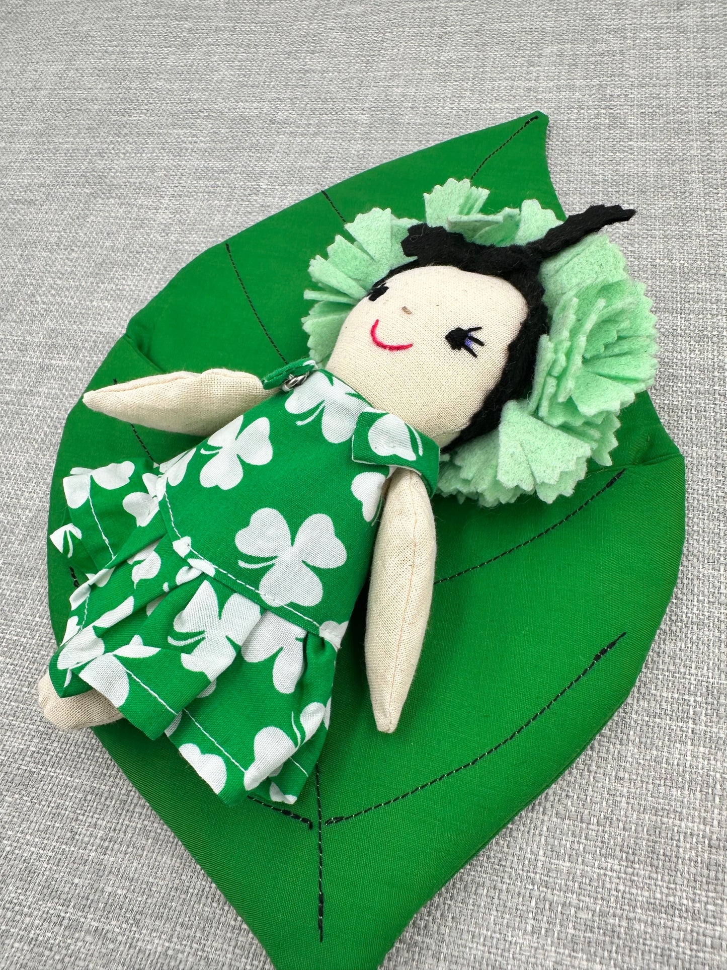 Irish- Themed Flower Doll in Leaf Bed – Shamrock Dress Mini Art Doll