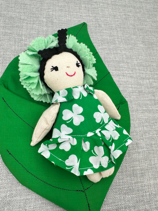 Irish- Themed Flower Doll in Leaf Bed – Shamrock Dress Mini Art Doll