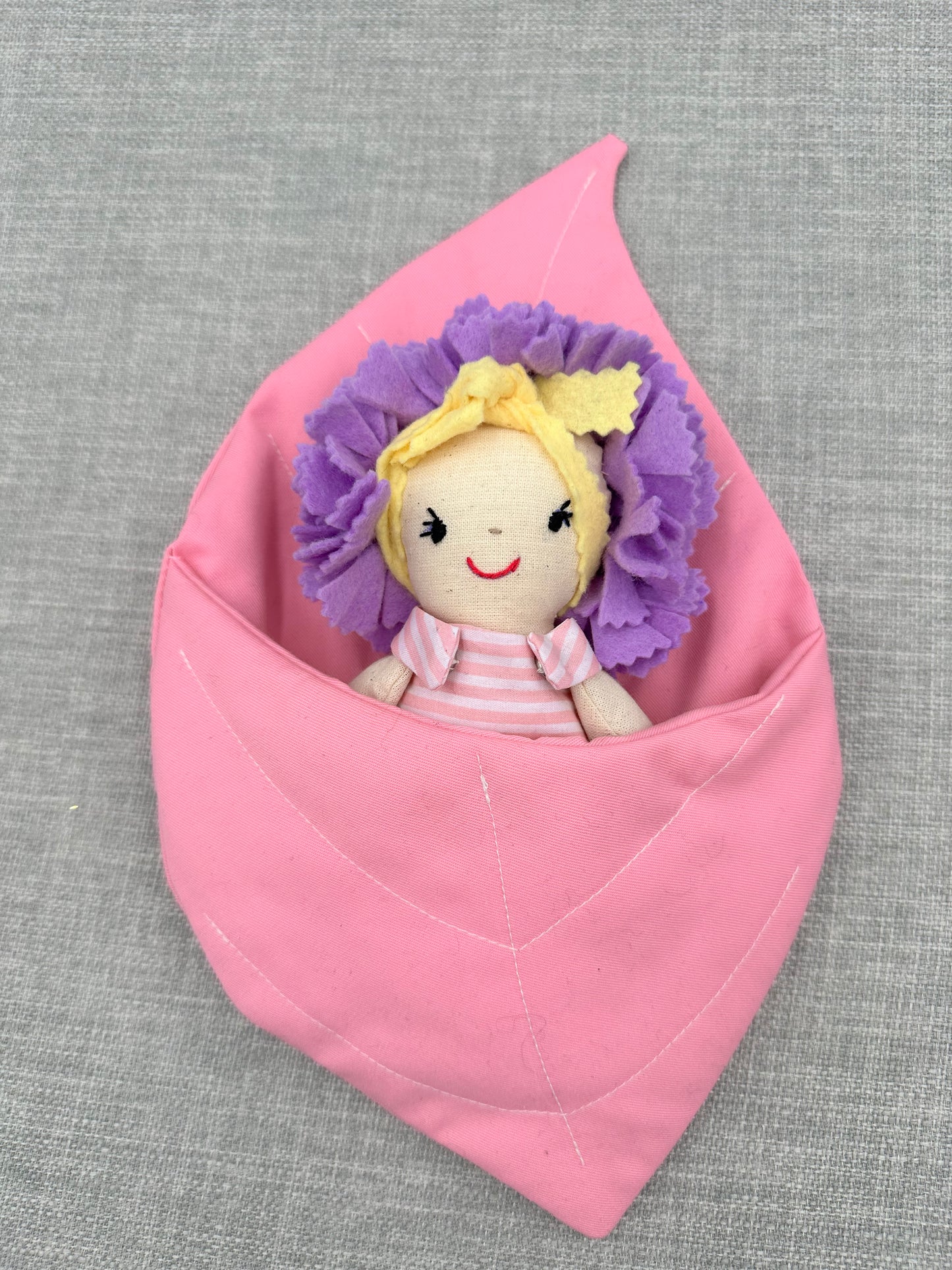 Handmade Flower Doll in Leaf Bed – Mini Cloth Art Doll