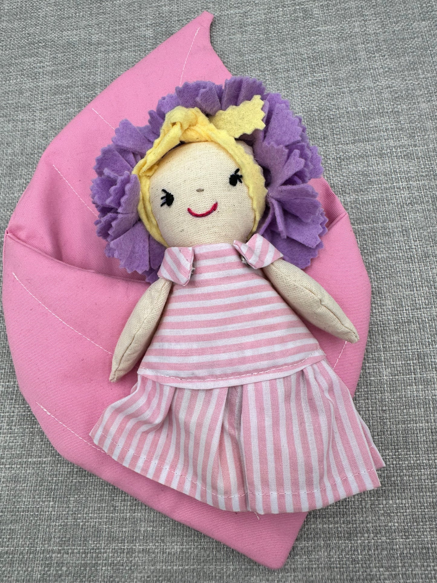 Handmade Flower Doll in Leaf Bed – Mini Cloth Art Doll
