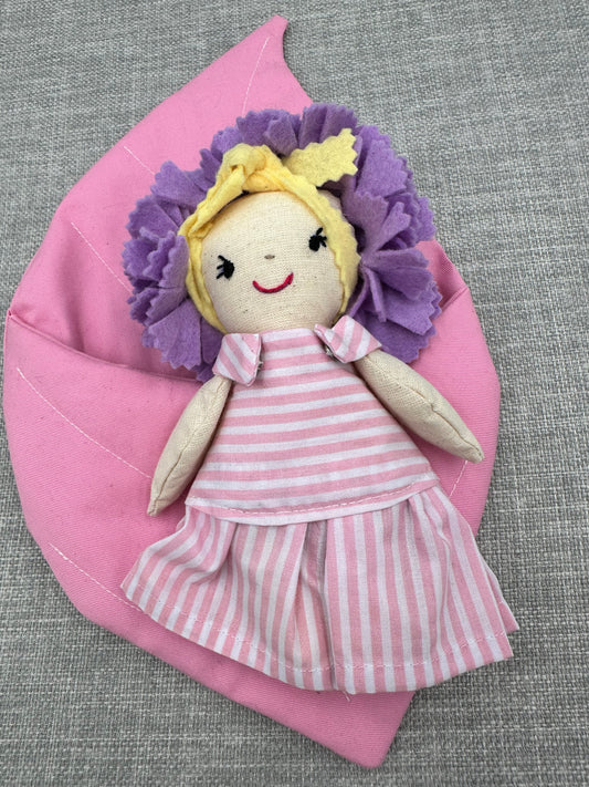Handmade Flower Doll in Leaf Bed – Mini Cloth Art Doll