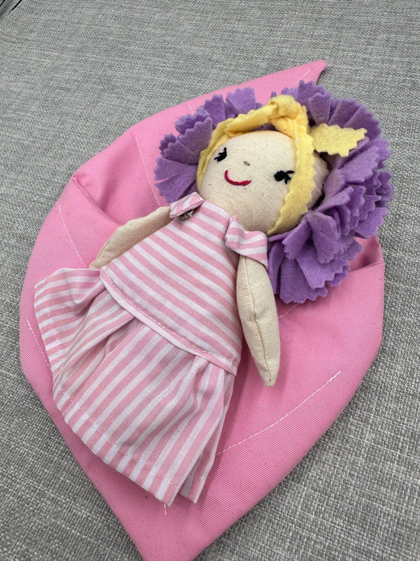 Handmade Flower Doll in Leaf Bed – Mini Cloth Art Doll