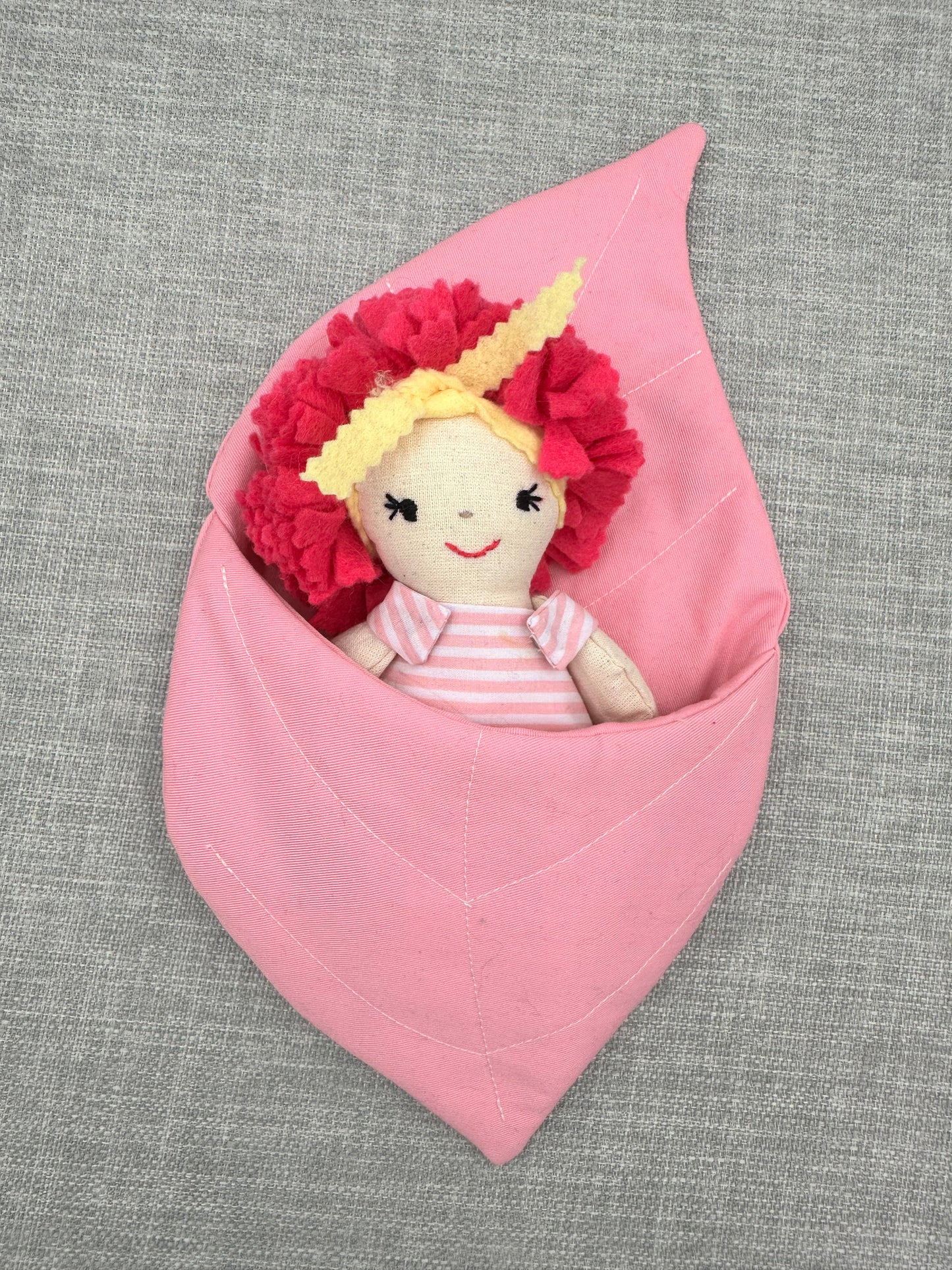 Handmade Pink Flower Doll in Leaf Bed - Mini Cloth Art Doll