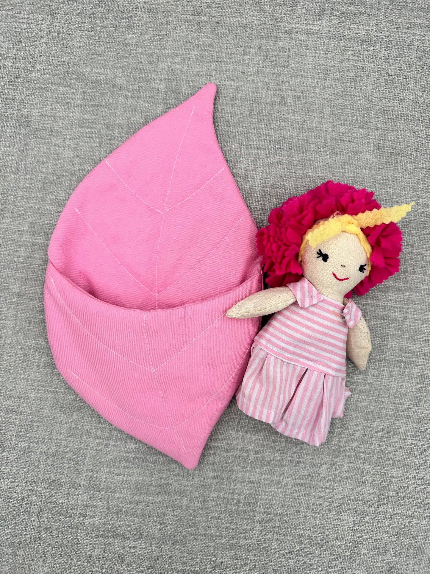 Handmade Pink Flower Doll in Leaf Bed - Mini Cloth Art Doll