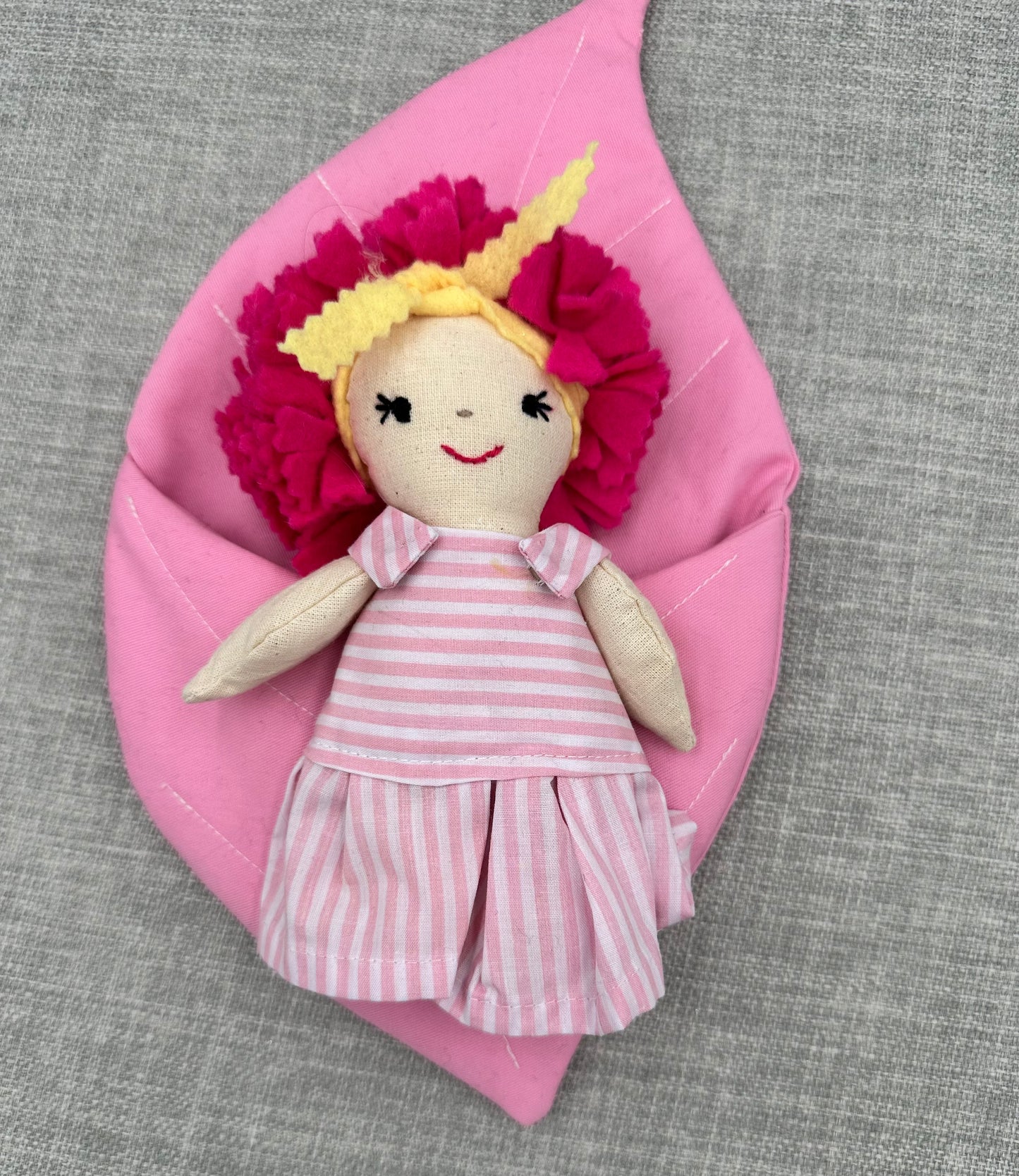 Handmade Pink Flower Doll in Leaf Bed - Mini Cloth Art Doll