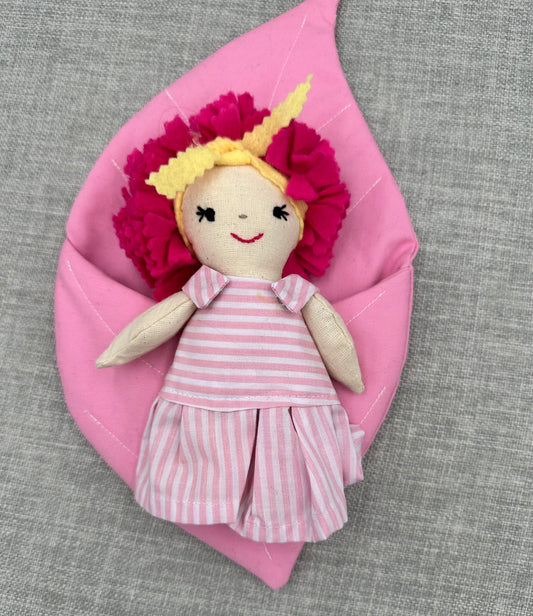Handmade Pink Flower Doll in Leaf Bed - Mini Cloth Art Doll