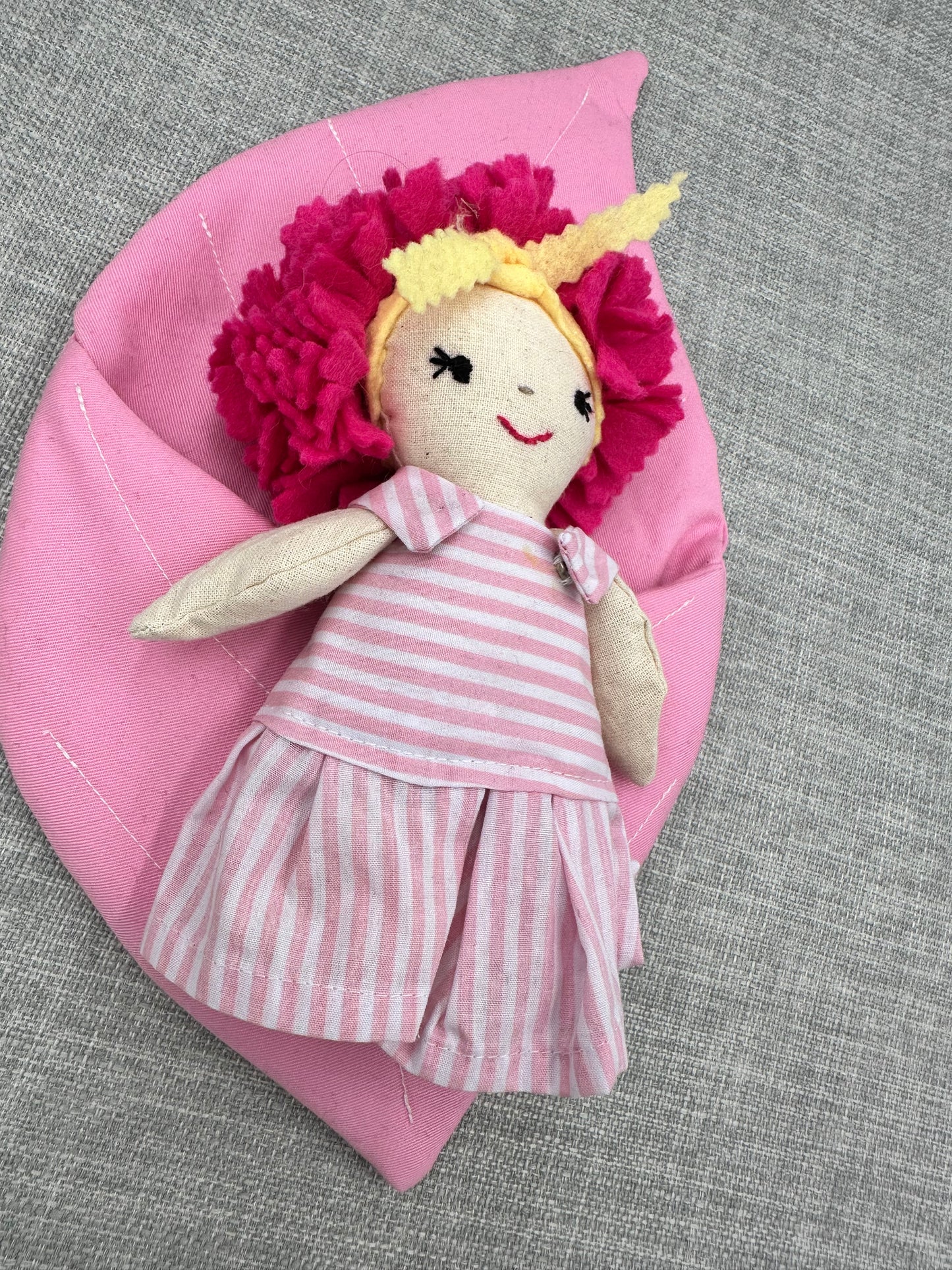 Handmade Pink Flower Doll in Leaf Bed - Mini Cloth Art Doll