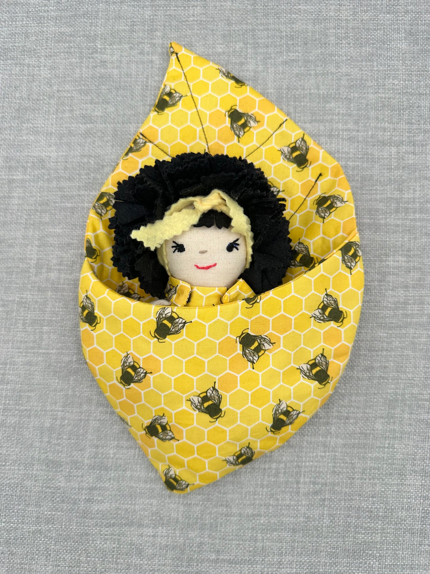 Handmade Bee Flower Doll in Leaf Bed – Mini Art Doll – One of a Kind