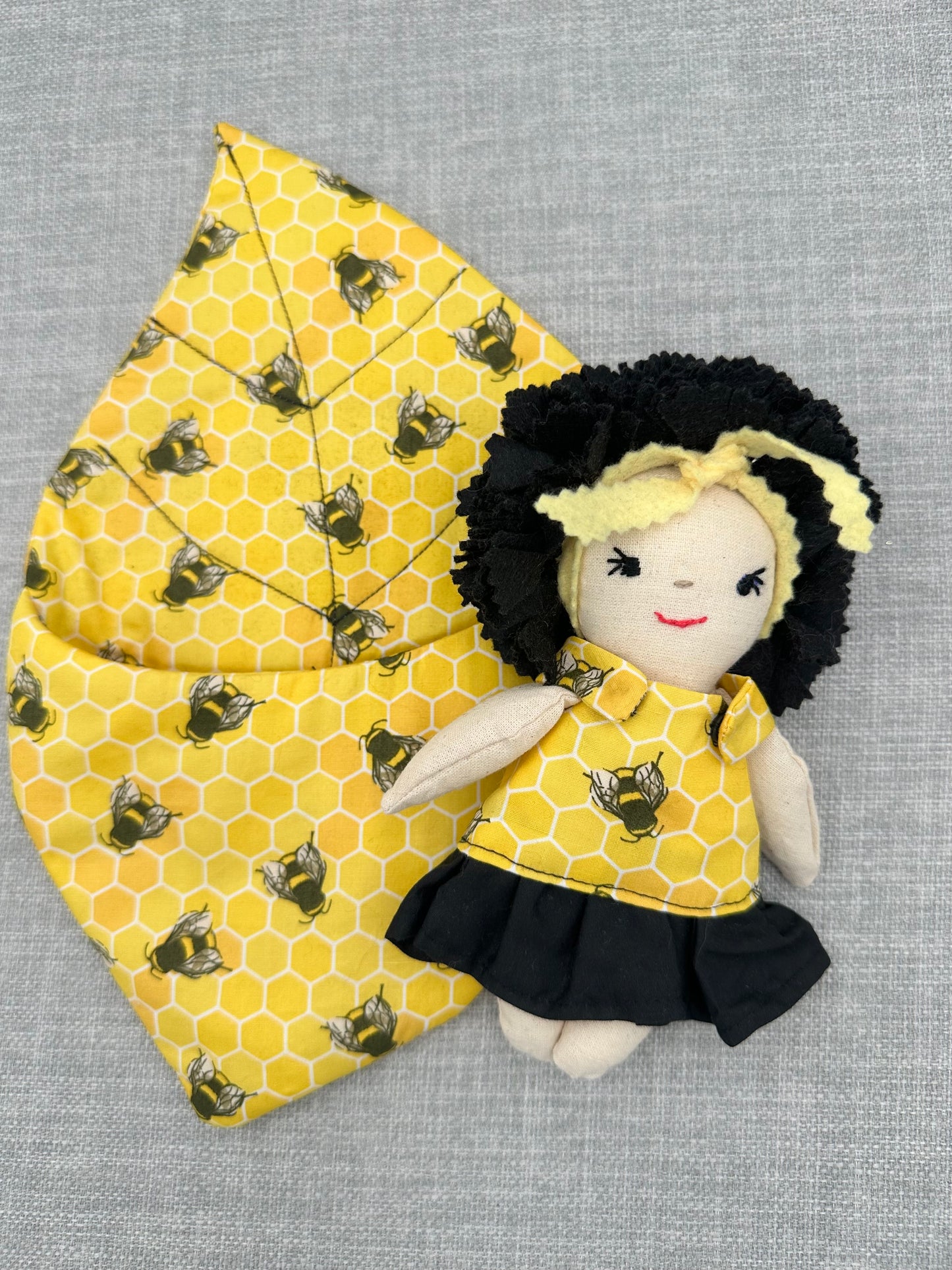 Handmade Bee Flower Doll in Leaf Bed – Mini Art Doll – One of a Kind