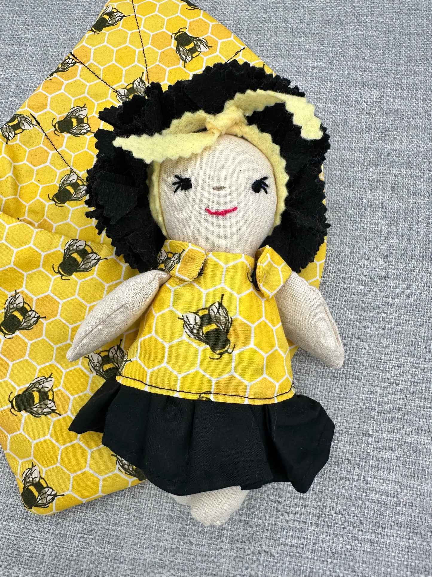 Handmade Bee Flower Doll in Leaf Bed – Mini Art Doll – One of a Kind