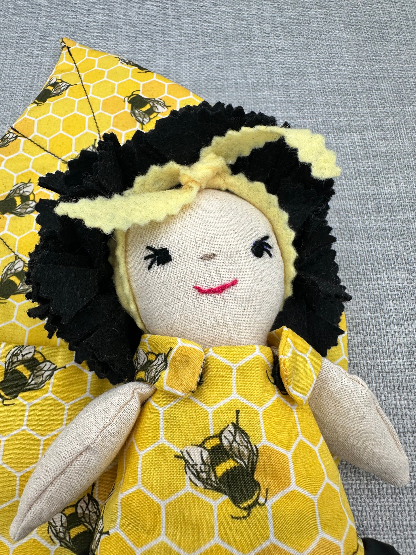 Handmade Bee Flower Doll in Leaf Bed – Mini Art Doll – One of a Kind