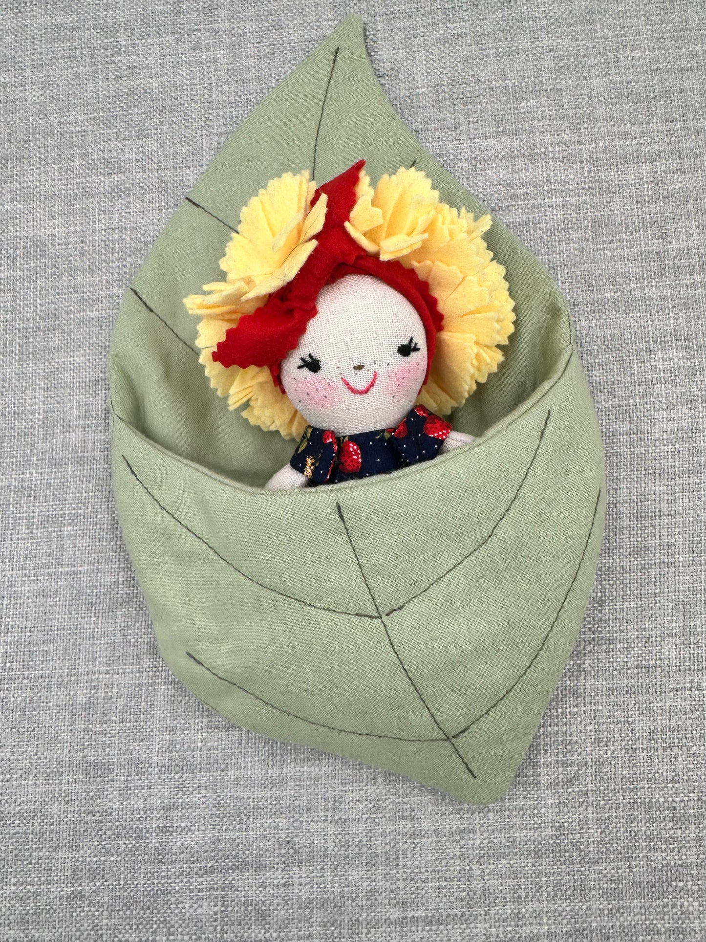 Handmade Flower Doll in Leaf Bed – Strawberry Dress Mini Art Doll