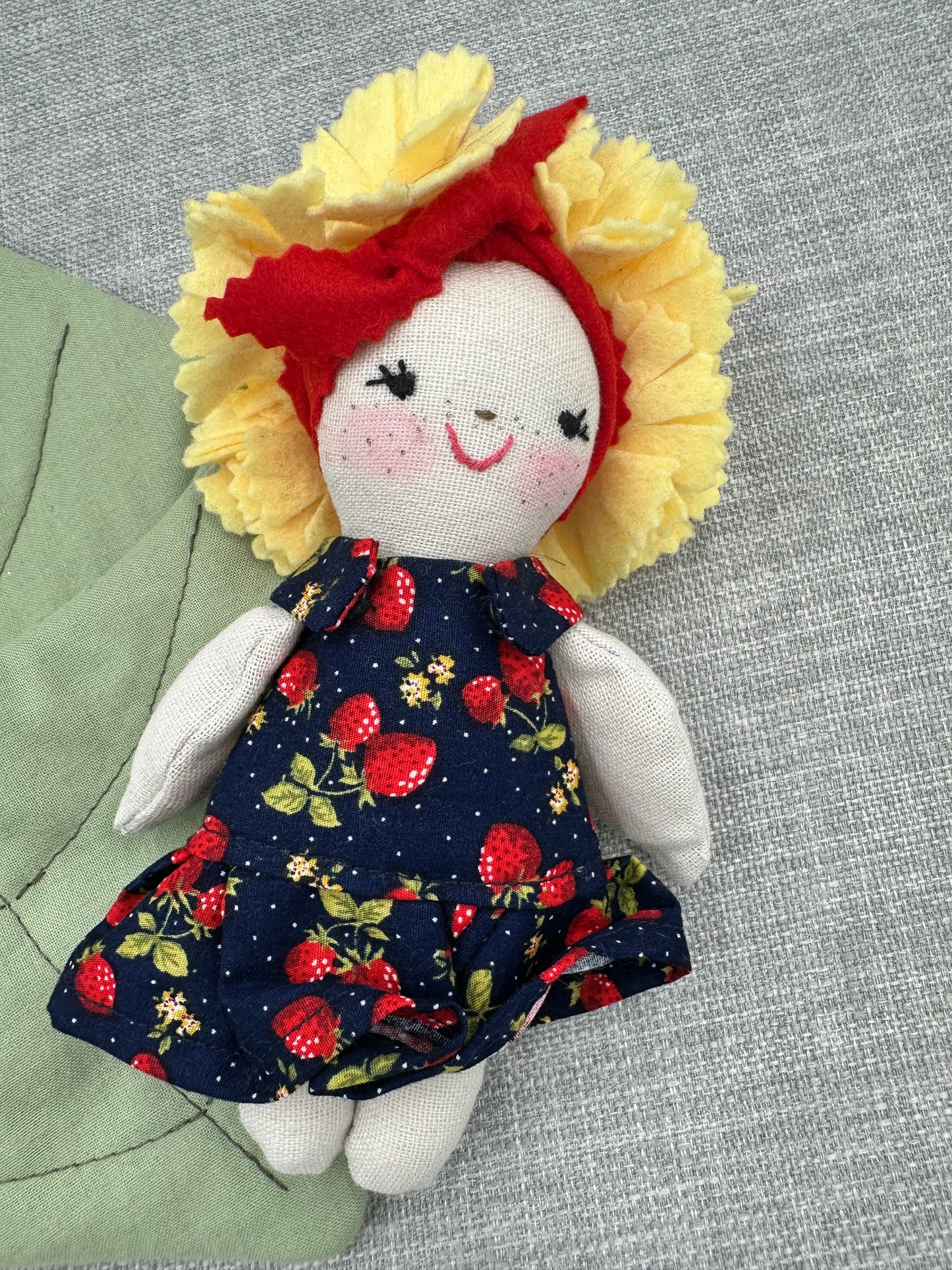 Handmade Flower Doll in Leaf Bed – Strawberry Dress Mini Art Doll