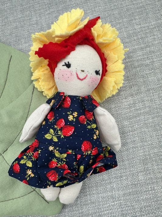 Handmade Flower Doll in Leaf Bed – Strawberry Dress Mini Art Doll