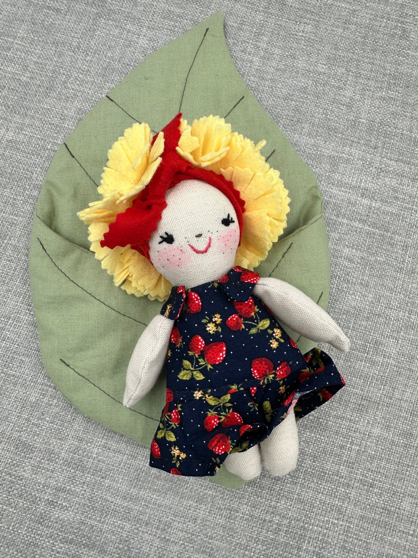 Handmade Flower Doll in Leaf Bed – Strawberry Dress Mini Art Doll