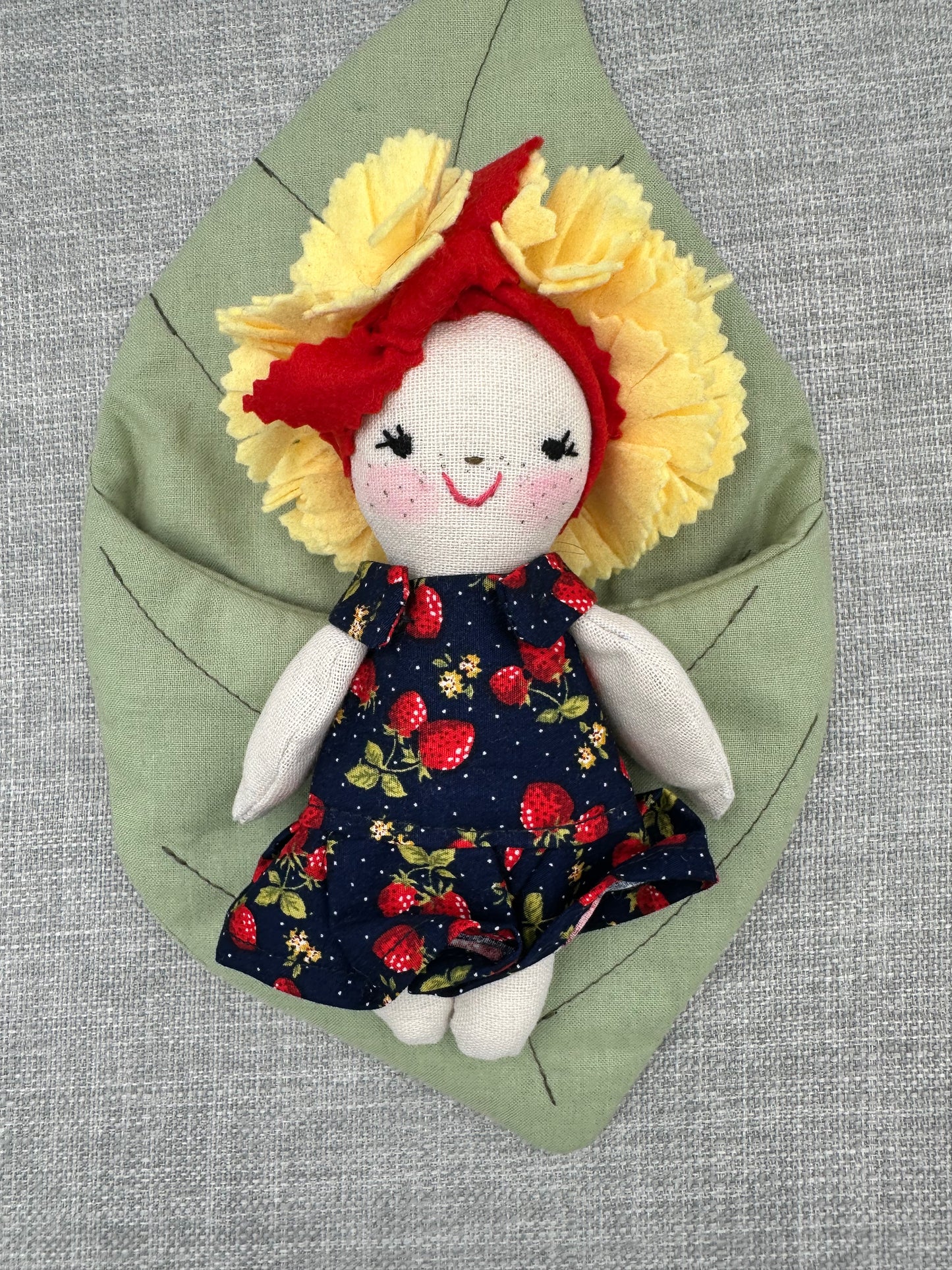 Handmade Flower Doll in Leaf Bed – Strawberry Dress Mini Art Doll