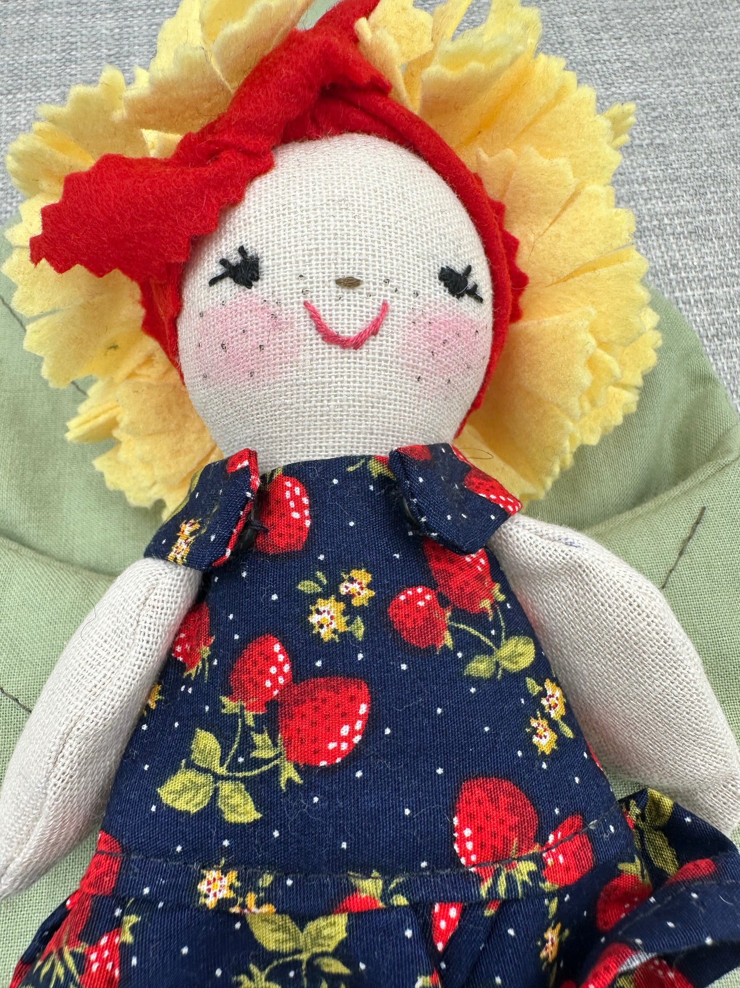 Handmade Flower Doll in Leaf Bed – Strawberry Dress Mini Art Doll