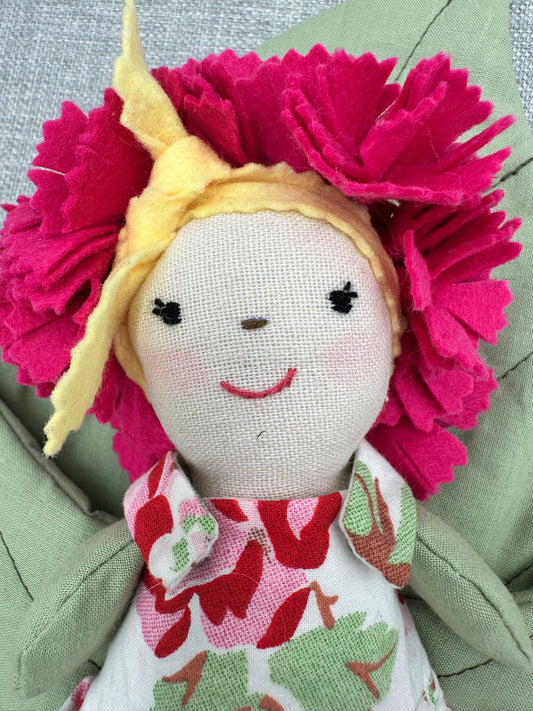 Handmade Flower Doll in Leaf Bed  -  Mini Art Doll
